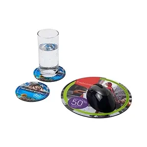 Mouse Mat & Coaster Set: A Computer Mouse Is On The Mat And A Water Glass On One of Two Coasters