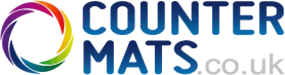CounterMats.co.uk Logo: The Word CounterMats.co.uk In Blue With a Multicoloured Ring To The Right Of The Wordmark