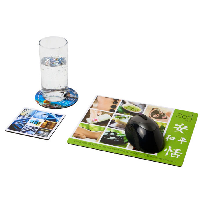 Q-Mat Mouse Mat Set - Rectangular Mouse Mat, Round & Square Coasters with Glass of Water