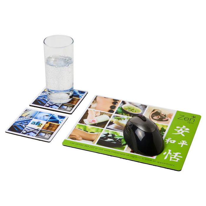 Q-Mat Mouse Mat Set - Rectangular Mouse Mat & Square Coasters with Glass of Water